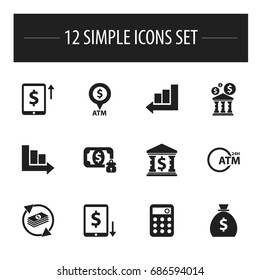 Set Of 12 Editable Financial Icons. Includes Symbols Such As Cash Growth, Arrow, Automatic Teller Machine And More. Can Be Used For Web, Mobile, UI And Infographic Design.