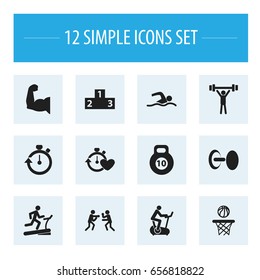 Set Of 12 Editable Fitness Icons. Includes Symbols Such As Biceps, Bodybuilding, Stopwatch And More. Can Be Used For Web, Mobile, UI And Infographic Design.