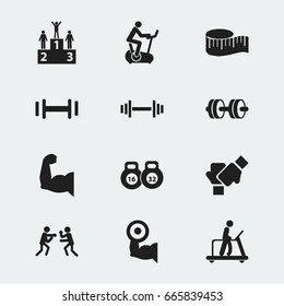 Set Of 12 Editable Fitness Icons. Includes Symbols Such As Training Bicycle, Executing Running, Competition And More. Can Be Used For Web, Mobile, UI And Infographic Design.