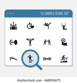 Set Of 12 Editable Fitness Icons. Includes Symbols Such As Racetrack Training, Competition, Physical Education And More. Can Be Used For Web, Mobile, UI And Infographic Design.