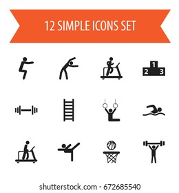 Set Of 12 Editable Fitness Icons. Includes Symbols Such As Exercise, Acrobatics, Basketball And More. Can Be Used For Web, Mobile, UI And Infographic Design.