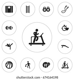 Set Of 12 Editable Fitness Icons. Includes Symbols Such As Weightlifting, Jump Training, Balance And More. Can Be Used For Web, Mobile, UI And Infographic Design.
