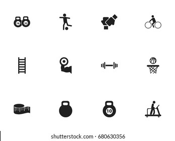 Set Of 12 Editable Fitness Icons. Includes Symbols Such As Executing Running, Bicycle Rider, Weightlifting And More. Can Be Used For Web, Mobile, UI And Infographic Design.