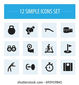 Set Of 12 Editable Fitness Icons. Includes Symbols Such As Balance, Stopwatch, Weightlifting And More. Can Be Used For Web, Mobile, UI And Infographic Design.