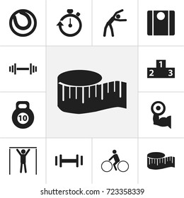 Set Of 12 Editable Fitness Icons. Includes Symbols Such As Balance, Platform For Winner, Cloth Ruler And More. Can Be Used For Web, Mobile, UI And Infographic Design.