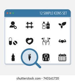 Set Of 12 Editable Fitness Icons. Includes Symbols Such As Pill, Root Vegetable, Plant And More. Can Be Used For Web, Mobile, UI And Infographic Design.