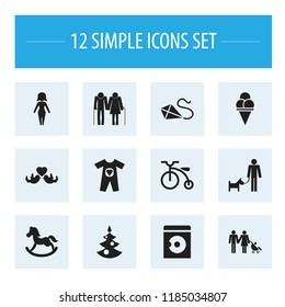 Set of 12 editable folks icons. Includes symbols such as christmas tree, parents, lovebirds and more. Can be used for web, mobile, UI and infographic design.