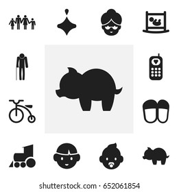 Set Of 12 Editable Folks Icons. Includes Symbols Such As Telephone, Infant Bed, Relations And More. Can Be Used For Web, Mobile, UI And Infographic Design.