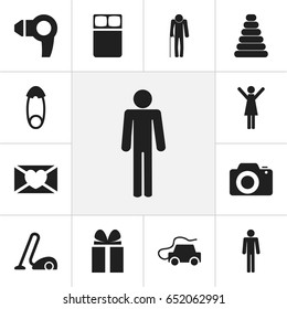 Set Of 12 Editable Folks Icons. Includes Symbols Such As Fasten, Gift, Hairdryer And More. Can Be Used For Web, Mobile, UI And Infographic Design.