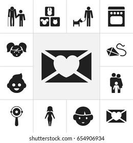 Set Of 12 Editable Folks Icons. Includes Symbols Such As Grandchild, Affection Letter, Father With Dog. Can Be Used For Web, Mobile, UI And Infographic Design.