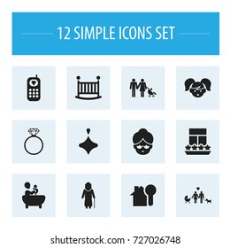 Set Of 12 Editable Folks Icons. Includes Symbols Such As Grandmother, Balcony, Tub. Can Be Used For Web, Mobile, UI And Infographic Design.