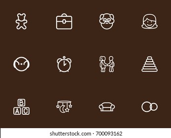 Set Of 12 Editable Folks Outline Icons. Includes Symbols Such As Grandfather, Friends, Hour. Can Be Used For Web, Mobile, UI And Infographic Design.