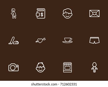 Set Of 12 Editable Folks Outline Icons. Includes Symbols Such As Stove, Girl, Photo Device And More. Can Be Used For Web, Mobile, UI And Infographic Design.