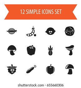 Set Of 12 Editable Food Icons. Includes Symbols Such As Cep, Juniper, Comic Blackberry And More. Can Be Used For Web, Mobile, UI And Infographic Design.