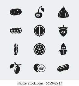 Set Of 12 Editable Food Icons. Includes Symbols Such As Strawberry, Nectarine, Pistachio And More. Can Be Used For Web, Mobile, UI And Infographic Design.