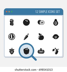 Set Of 12 Editable Food Icons. Includes Symbols Such As Coconut, Nectarine, Lemon And More. Can Be Used For Web, Mobile, UI And Infographic Design.