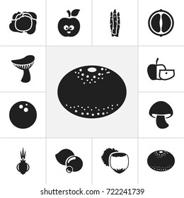 Set Of 12 Editable Food Icons. Includes Symbols Such As Garlic, Champignon, Funny Apple And More. Can Be Used For Web, Mobile, UI And Infographic Design.
