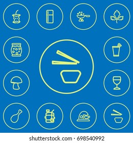Set Of 12 Editable Food Outline Icons. Includes Symbols Such As Squeezer, Take Away, Fried Leg And More. Can Be Used For Web, Mobile, UI And Infographic Design.
