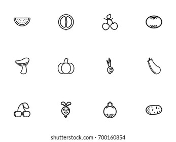 Set Of 12 Editable Food Outline Icons. Includes Symbols Such As Sliced Watermelon, Potato, Pumpkin And More. Can Be Used For Web, Mobile, UI And Infographic Design.