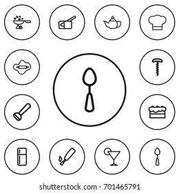 Set Of 12 Editable Food Outline Icons. Includes Symbols Such As Cake, Chef Hat, Cooking Pan And More. Can Be Used For Web, Mobile, UI And Infographic Design.