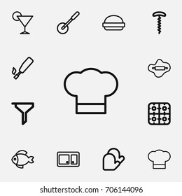 Set Of 12 Editable Food Outline Icons. Includes Symbols Such As Rolling Pin, Drink, Fish And More. Can Be Used For Web, Mobile, UI And Infographic Design.