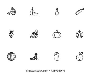 Set Of 12 Editable Food Outline Icons. Includes Symbols Such As Turnip, Cucumber, Banana And More. Can Be Used For Web, Mobile, UI And Infographic Design.