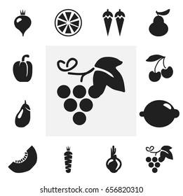Set Of 12 Editable Fruits Icons. Includes Symbols Such As Carrot, Merlot, Sativum And More. Can Be Used For Web, Mobile, UI And Infographic Design.