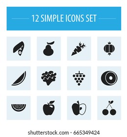 Set Of 12 Editable Fruits Icons. Includes Symbols Such As Soybean, Root Vegetable, Bulb And More. Can Be Used For Web, Mobile, UI And Infographic Design.