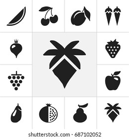 Set Of 12 Editable Fruits Icons. Includes Symbols Such As Turnip, Berry, Cherry And More. Can Be Used For Web, Mobile, UI And Infographic Design.