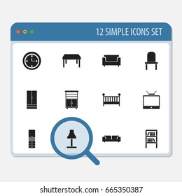 Set Of 12 Editable Furnishings Icons. Includes Symbols Such As Glim, Cupboard, Child Cot And More. Can Be Used For Web, Mobile, UI And Infographic Design.