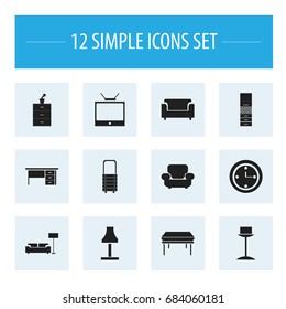 Set Of 12 Editable Furnishings Icons. Includes Symbols Such As Watch, Wall Mirror, Material Cupboard And More. Can Be Used For Web, Mobile, UI And Infographic Design.
