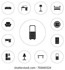 Set Of 12 Editable Furnishings Icons. Includes Symbols Such As Sofa, Settee, Stillage And More. Can Be Used For Web, Mobile, UI And Infographic Design.