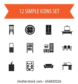 Set Of 12 Editable Furniture Icons. Includes Symbols Such As Bookrack, Interior, Tv And More. Can Be Used For Web, Mobile, UI And Infographic Design.