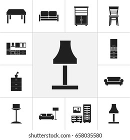 Set Of 12 Editable Furniture Icons. Includes Symbols Such As Divan, Lamp, Canape And More. Can Be Used For Web, Mobile, UI And Infographic Design.