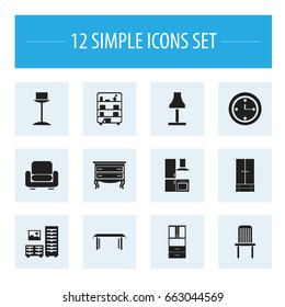 Set Of 12 Editable Furniture Icons. Includes Symbols Such As Enlightenment, Watch, Commode And More. Can Be Used For Web, Mobile, UI And Infographic Design.