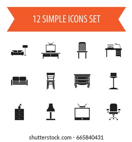 Set Of 12 Editable Furniture Icons. Includes Symbols Such As Television, Divan, Lamp And More. Can Be Used For Web, Mobile, UI And Infographic Design.