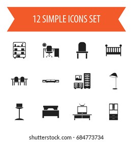 Set Of 12 Editable Furniture Icons. Includes Symbols Such As Lectern, Restaurant Table, Bed And More. Can Be Used For Web, Mobile, UI And Infographic Design.