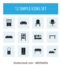 Set Of 12 Editable Furniture Icons. Includes Symbols Such As Cupboard, Lamp, Cooking Furnishings And More. Can Be Used For Web, Mobile, UI And Infographic Design.