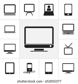 Set Of 12 Editable Gadget Icons. Includes Symbols Such As Laptop, Tablet Phone, Clavier And More. Can Be Used For Web, Mobile, UI And Infographic Design.