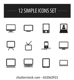 Set Of 12 Editable Gadget Icons. Includes Symbols Such As Telly, Television, Tablet Phone And More. Can Be Used For Web, Mobile, UI And Infographic Design.