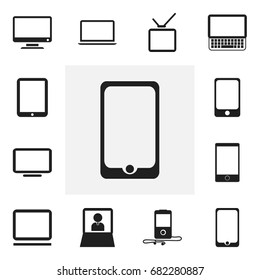 Set Of 12 Editable Gadget Icons. Includes Symbols Such As Telephone, Computer, Screen And More. Can Be Used For Web, Mobile, UI And Infographic Design.