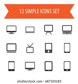 Set Of 12 Editable Gadget Icons. Includes Symbols Such As Tv, Computer, Notebook And More. Can Be Used For Web, Mobile, UI And Infographic Design.