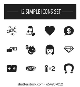 Set Of 12 Editable Gambling Icons. Includes Symbols Such As Love, Canine Fighter, Female Face And More. Can Be Used For Web, Mobile, UI And Infographic Design.