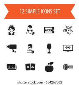 Set Of 12 Editable Game Icons. Includes Symbols Such As Card Pair, Backgammon, Phone Game And More. Can Be Used For Web, Mobile, UI And Infographic Design.