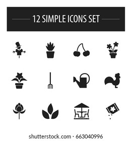 Set Of 12 Editable Gardening Icons. Includes Symbols Such As Hay Fork, Garden Seat, Blooming And More. Can Be Used For Web, Mobile, UI And Infographic Design.