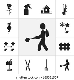 Set Of 12 Editable Gardening Icons. Includes Symbols Such As Temperature, Home With Fence, Hay Fork And More. Can Be Used For Web, Mobile, UI And Infographic Design.