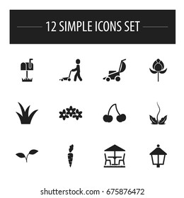 Set Of 12 Editable Gardening Icons. Includes Symbols Such As Grass Cutting Machine, Root Vegetable, Mailbox And More. Can Be Used For Web, Mobile, UI And Infographic Design.