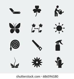 Set Of 12 Editable Gardening Icons. Includes Symbols Such As Working Gloves, Clasp Knife, Breeding And More. Can Be Used For Web, Mobile, UI And Infographic Design.