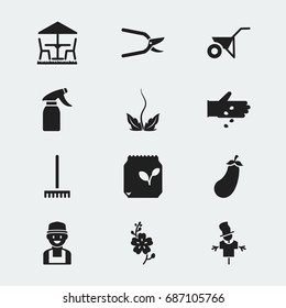 Set Of 12 Editable Gardening Icons. Includes Symbols Such As Farm Tool, Aubergine, Barley And More. Can Be Used For Web, Mobile, UI And Infographic Design.