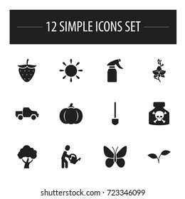 Set Of 12 Editable Gardening Icons. Includes Symbols Such As Strawberry, Gourd, Seedling And More. Can Be Used For Web, Mobile, UI And Infographic Design.